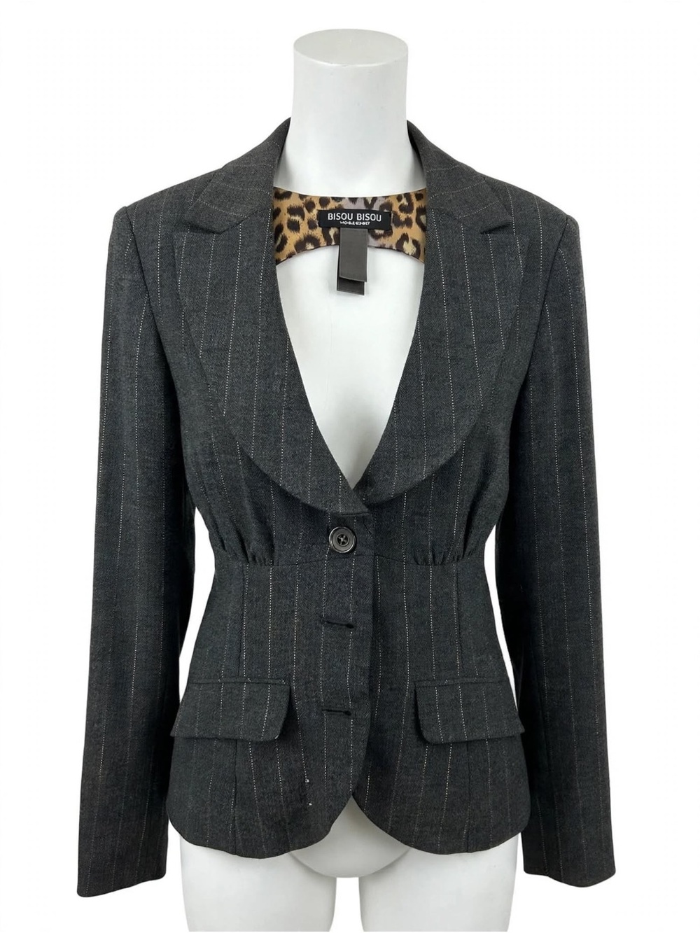 Bisou Bisou Gray Pinstripe Women's Blazer with Notch Lapel